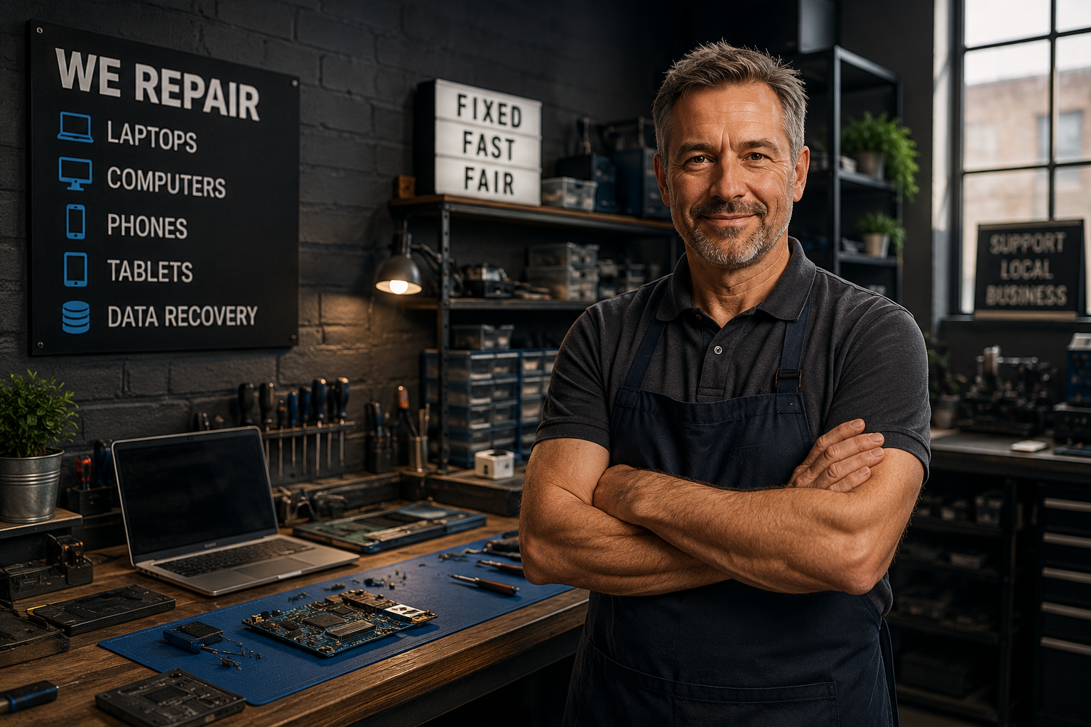 Independent electronics repair shop owner in a workshop