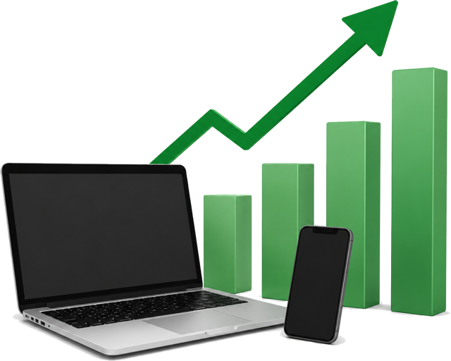 Laptop, mobile phone and rising revenue graph